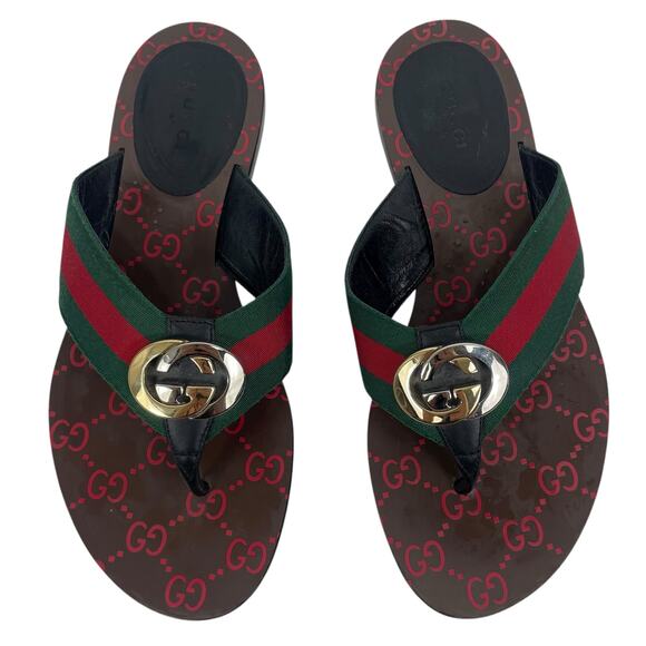 Gucci Kika GG Logo Web Thong Sandal Green Red Stripe Size 37 - Picture 2 of 11